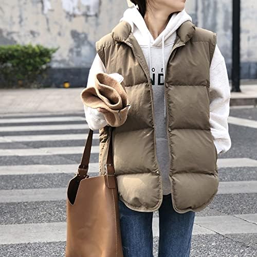 Women Khaki Casual Stand Collar Thick Winter Sleeveless Puffer Vest