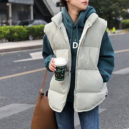 Women Khaki Casual Stand Collar Thick Winter Sleeveless Puffer Vest